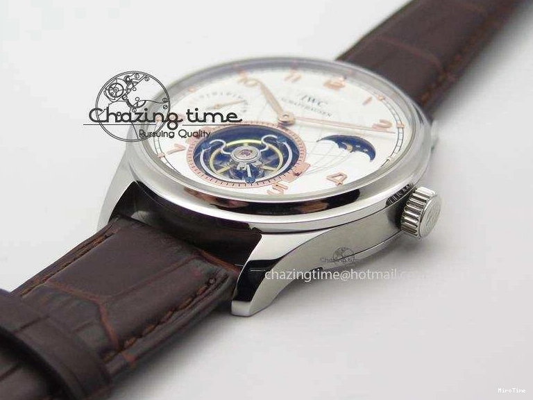 MIROTIME 0213 Chic Portuguese Tourbillon Power Reserve Moonphase SS White Dial Gold Numbers On Black Leather Strap 7319